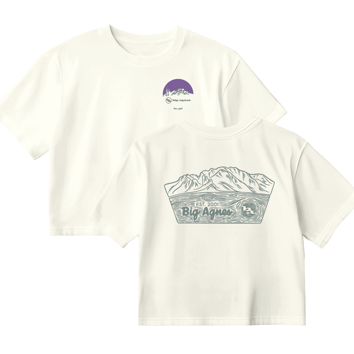 White t-shirt with mountain graphic and 'Big Agnes' branding on a white background