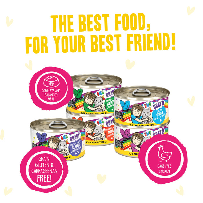 Six vibrant cans of Yahoo Yellows! by BFF Best Feline Friend are shown with the phrase "The best food, for your best friend!" and icons indicating grain free, gluten free, and cage-free chicken—ideal for finicky cats.