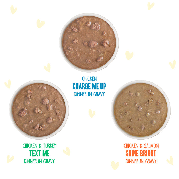 Three bowls of BFF Best Feline Friend Yippy Ki Yay! cat food, labeled “Charge Me Up,” “Text Me,” and “Shine Bright,” feature premium meat cuts—ideal for chicken lovers—against a white background with yellow heart doodles.